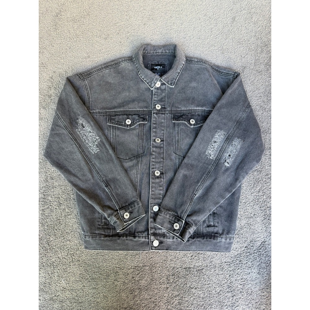 Forever 21 Men Gray Distressed Denim Trucker Jacket Size M Washed Charcoal